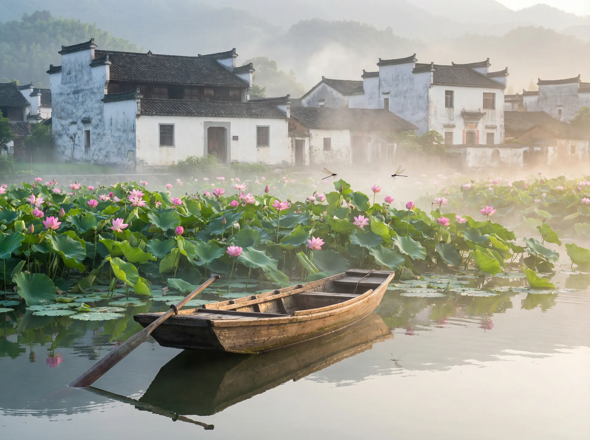 清晨荷塘小舟，粉色荷花盛开，白墙黑瓦的村庄 - 狙击手白乌鸦 水乡风情